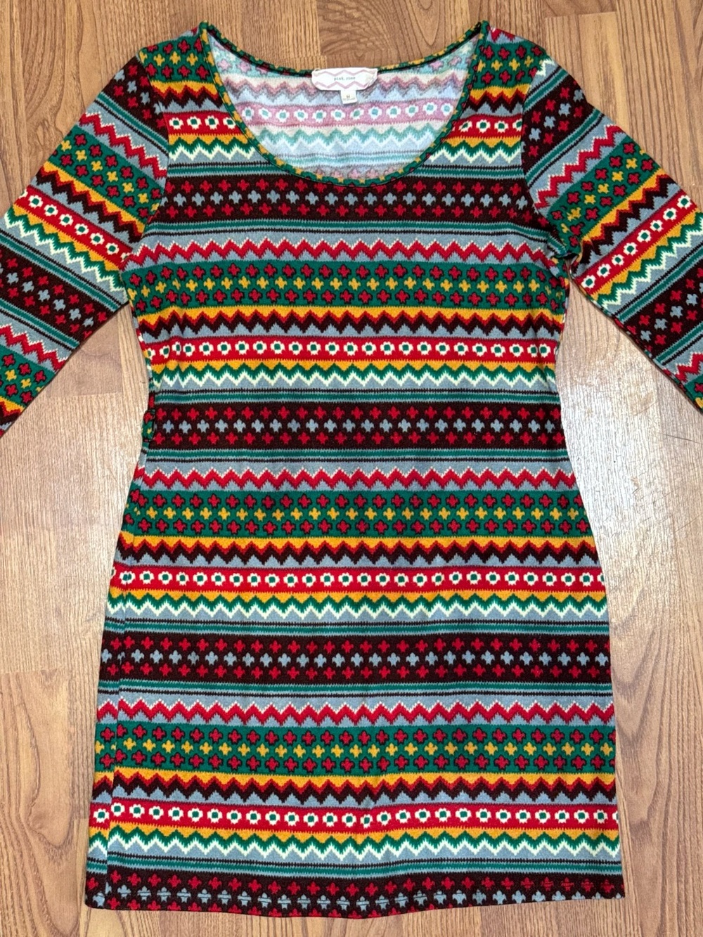 ❤️ Pink Rose Size Medium Colorful Fair Isle Bodycon Dress Long Sleeves (B19)